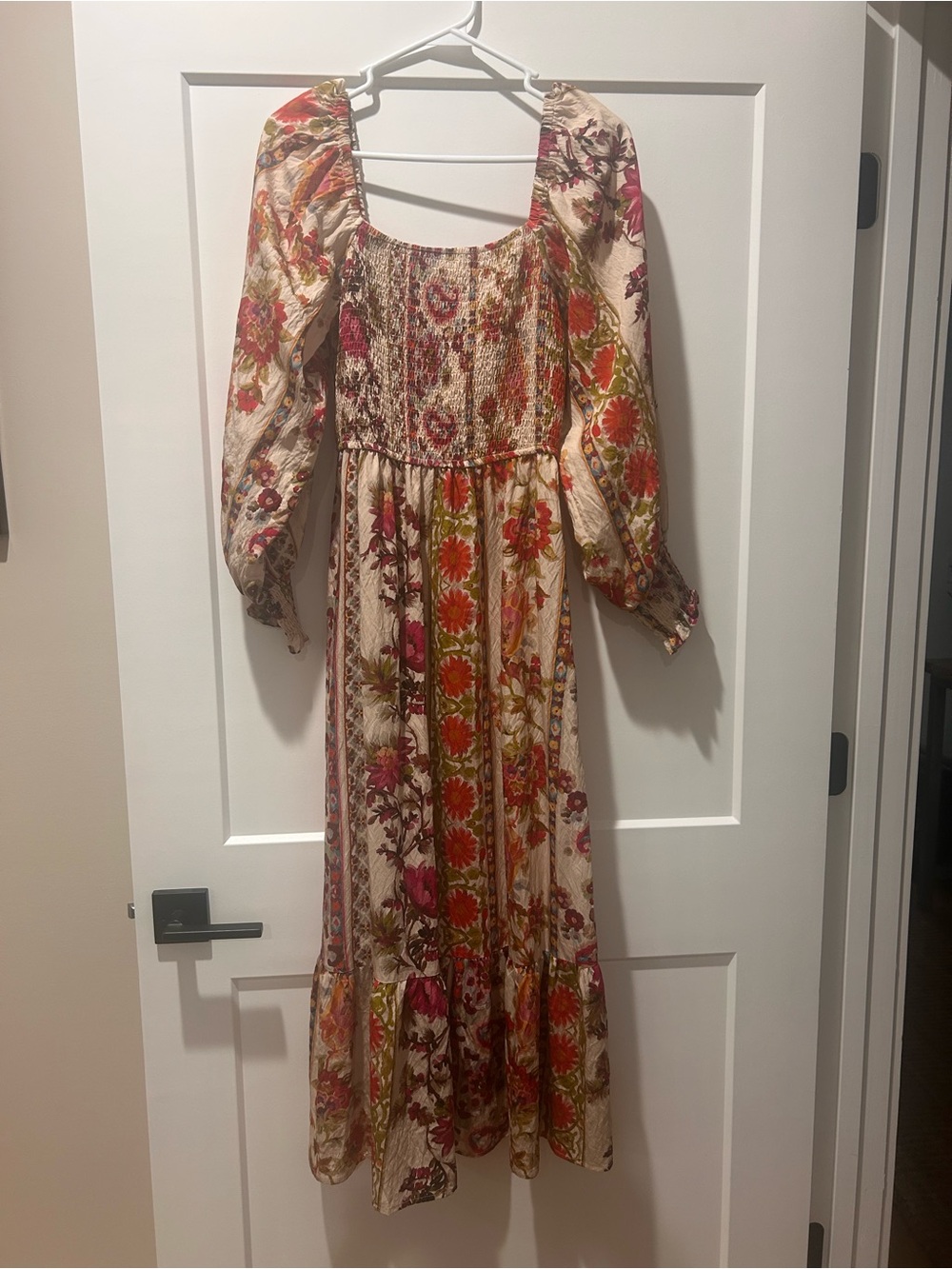 Boho Floral Maxi Dress with Puff Sleeves - Cream & Pink